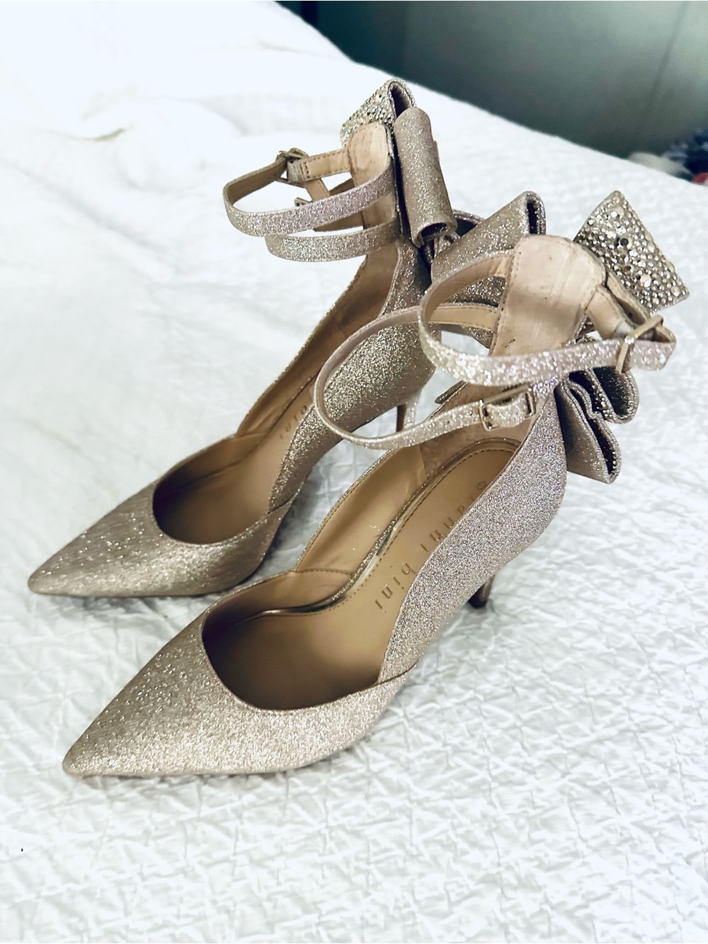 Gianni Bini Glitter Pointed Toe Ankle Strap Heels with Bow - Gold